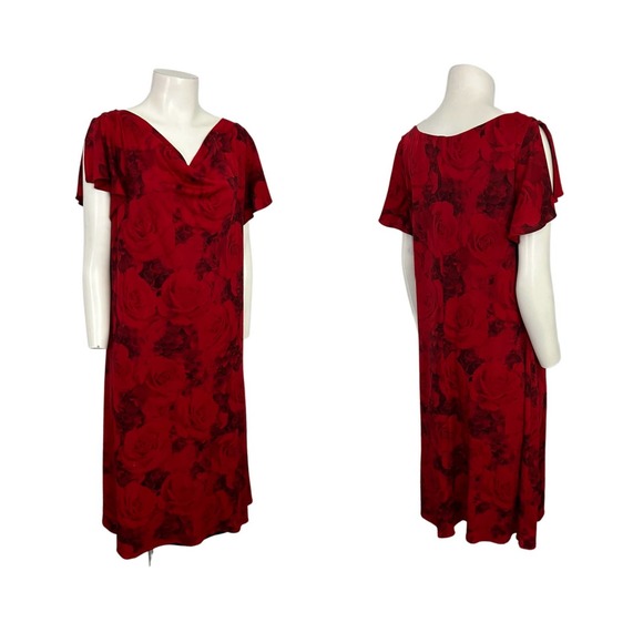 1990s Whimsy Goth Red Rose Party Dress Flutter Sleeve / Women’s Large - Picture 3 of 4